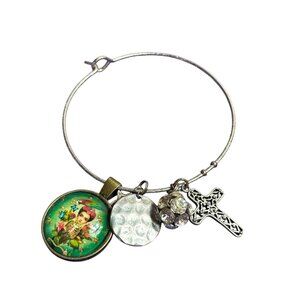 Silvertone Charm Bracelet Cross Clear Rhinestone Cluster Bead Hammered Disk